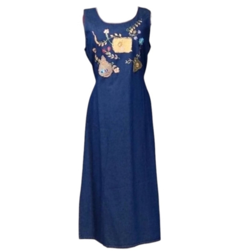 Vintage Dress Denim Floral Embroidered Jean Sleeveless Maxi jumper Modest